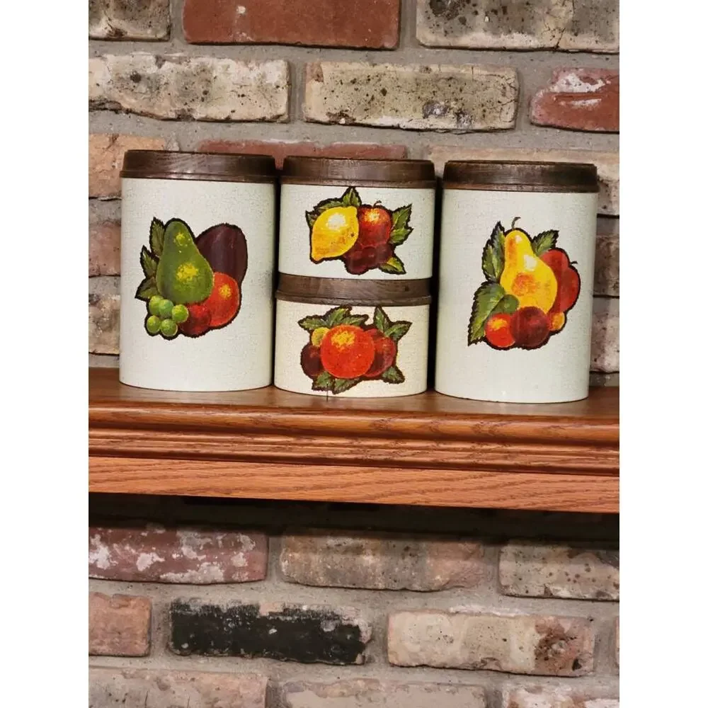 Vintage Cheinco Metal Canister Set of 4 Fruit Harvest Retro Kitchen Storage Tin